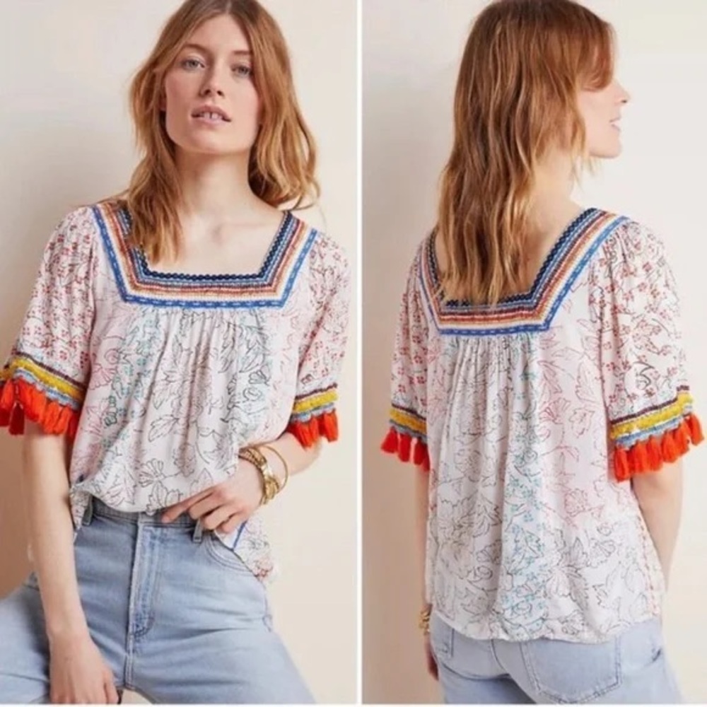 Anthropologie Maeve Paolina Tasseled Bohemian Stitched Blouse, Size X-Small